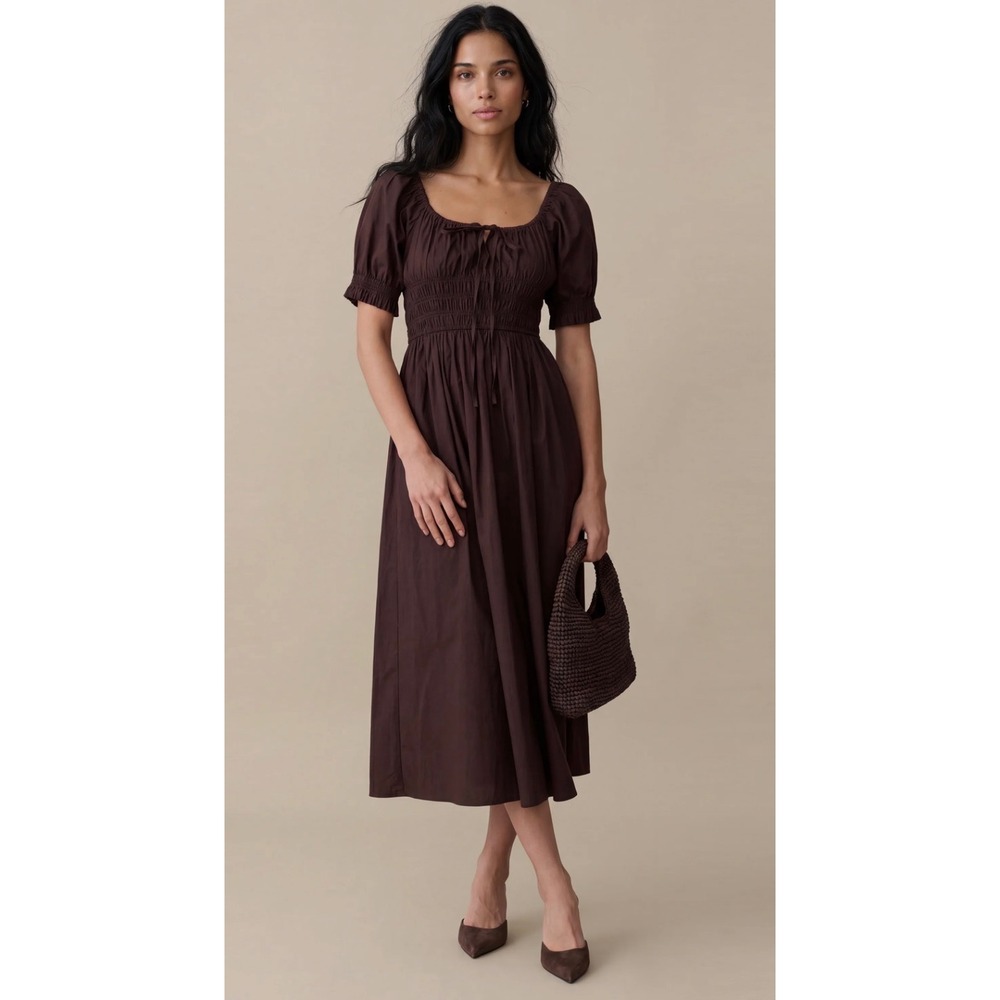 Few Moda Sorella Atelier Brown Smocked Waist Puff Sleeve Cotton Midi Dress NWT